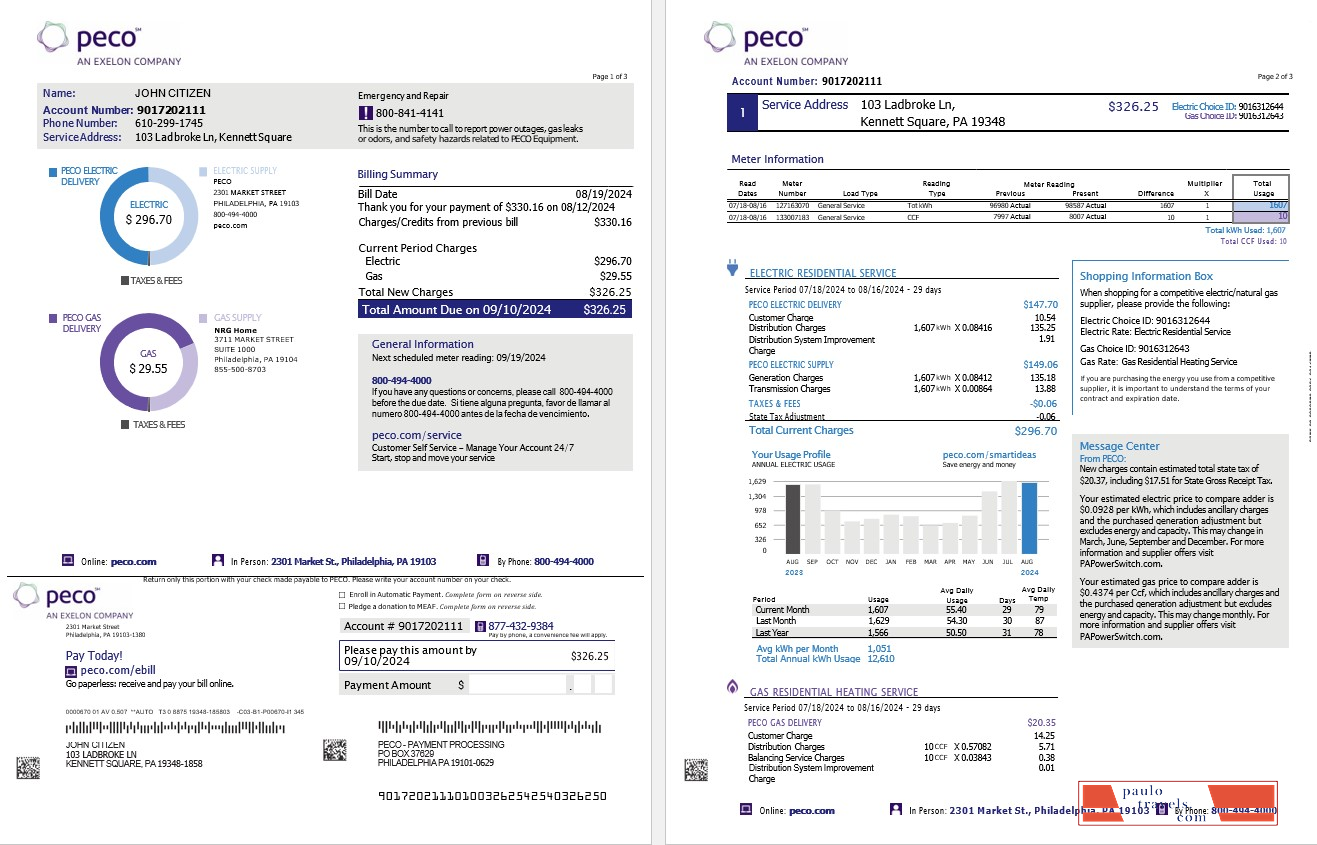USA Pennsylvania PECO electric and gas utility bill, 3 pages